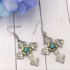 🌼 Cross Turquoise Dot 2-Tone Dangle Earrings
